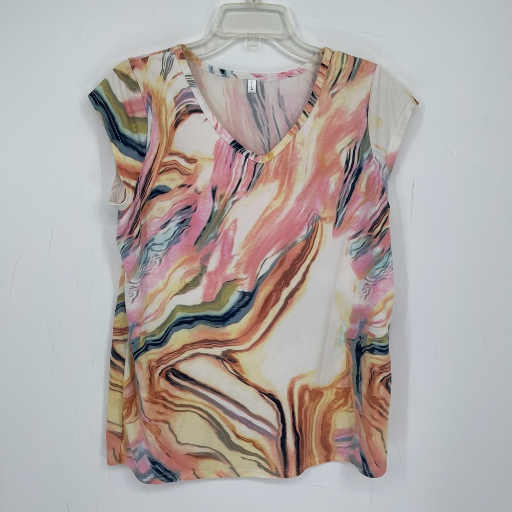 Women's Y2K Pink Marble Abstract Psychedelic Cap Sleeve V-Neck Top Shirt Size L